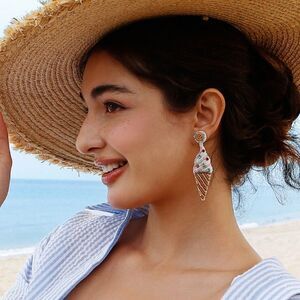 New C & C California ICE CREAM SUGAR CONE rhinestone glass wood bead earrings